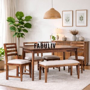 Mateo Sheesham Wood 6 Seater Dining Table with 4 Chairs and 1 Bench