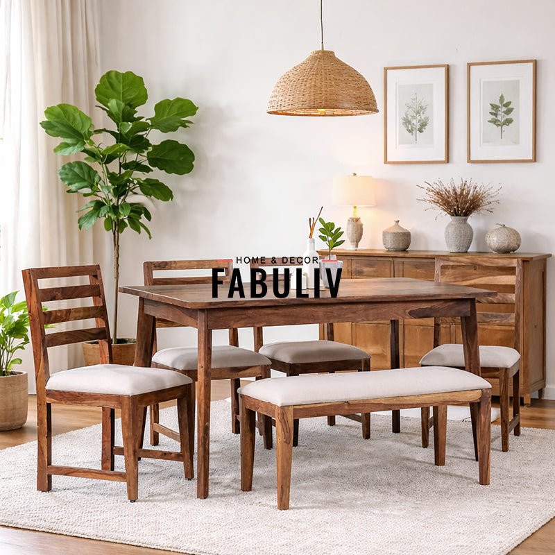 Mateo Sheesham Wood 6 Seater Dining Table with 4 Chairs and 1 Bench
