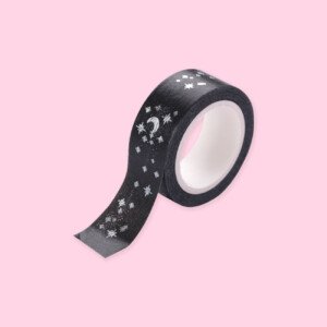 Gold Silver Foil Print Black White Washi Tape - Silver Moon